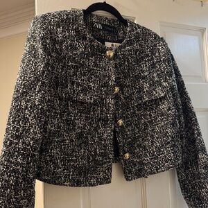 Zara Monochrome Tweed Blazer with Gold Buttons